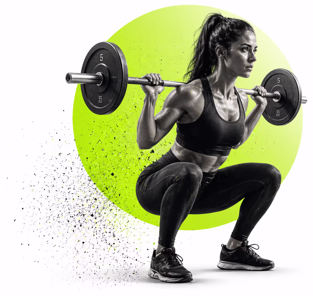 Athlète réalisant un squat barre avec données de force et de puissance