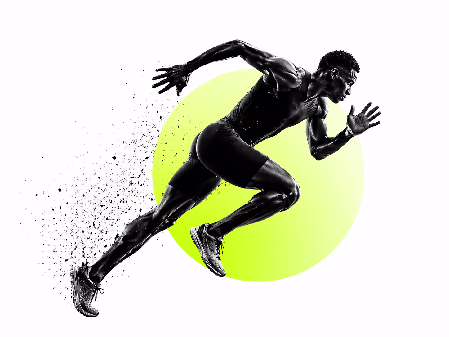 Coureur en plein sprint avec données de performance — vitesse, force, ground contact