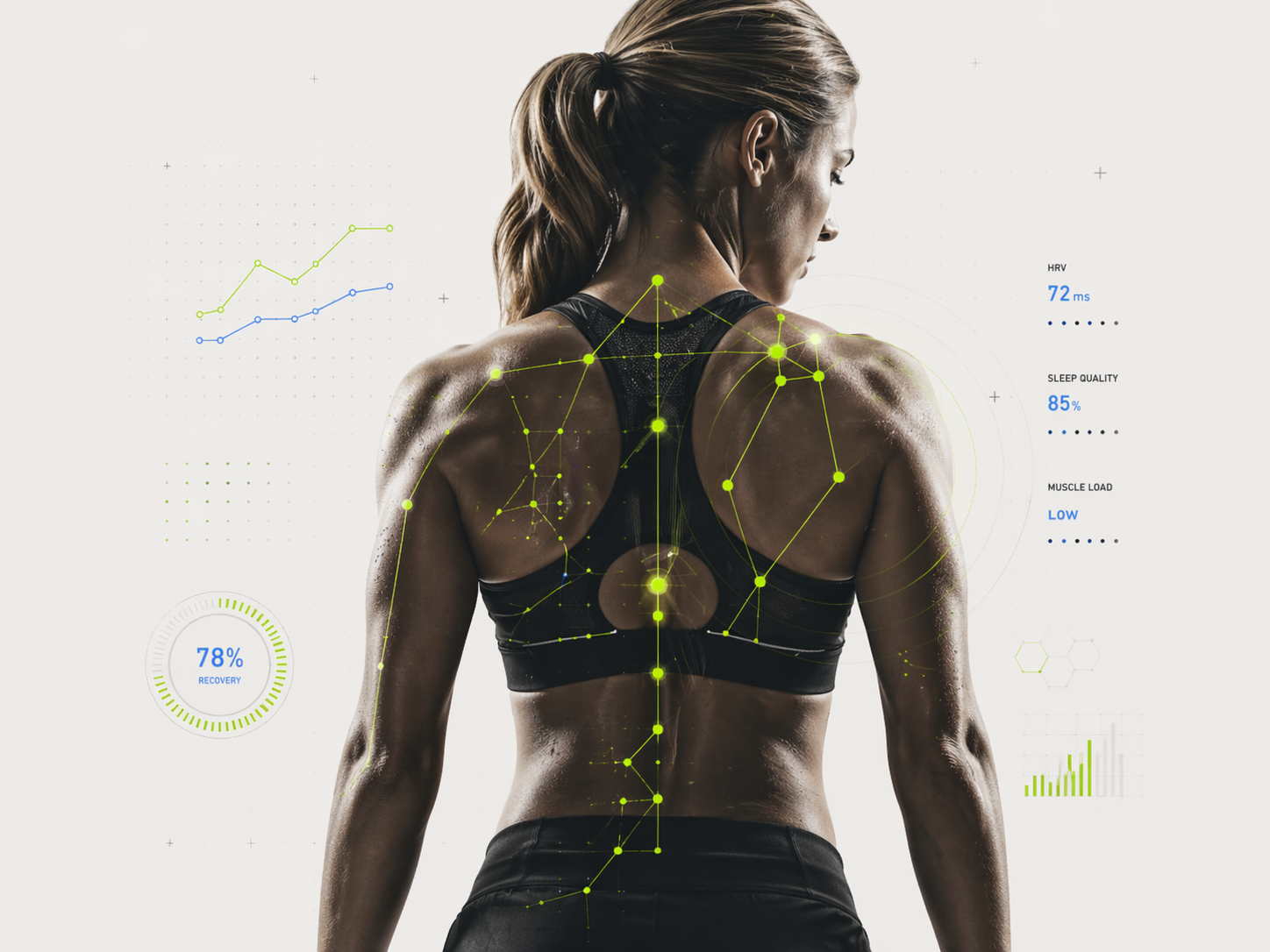 Athlète avec visualisation biométrique — HRV, récupération, charge musculaire